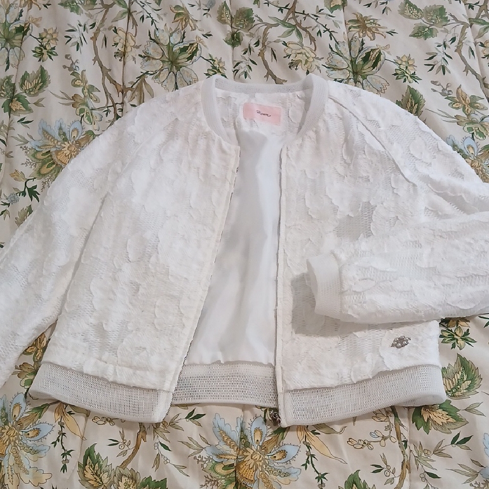 White Lace Bomber Jacket with Sheer Floral Design